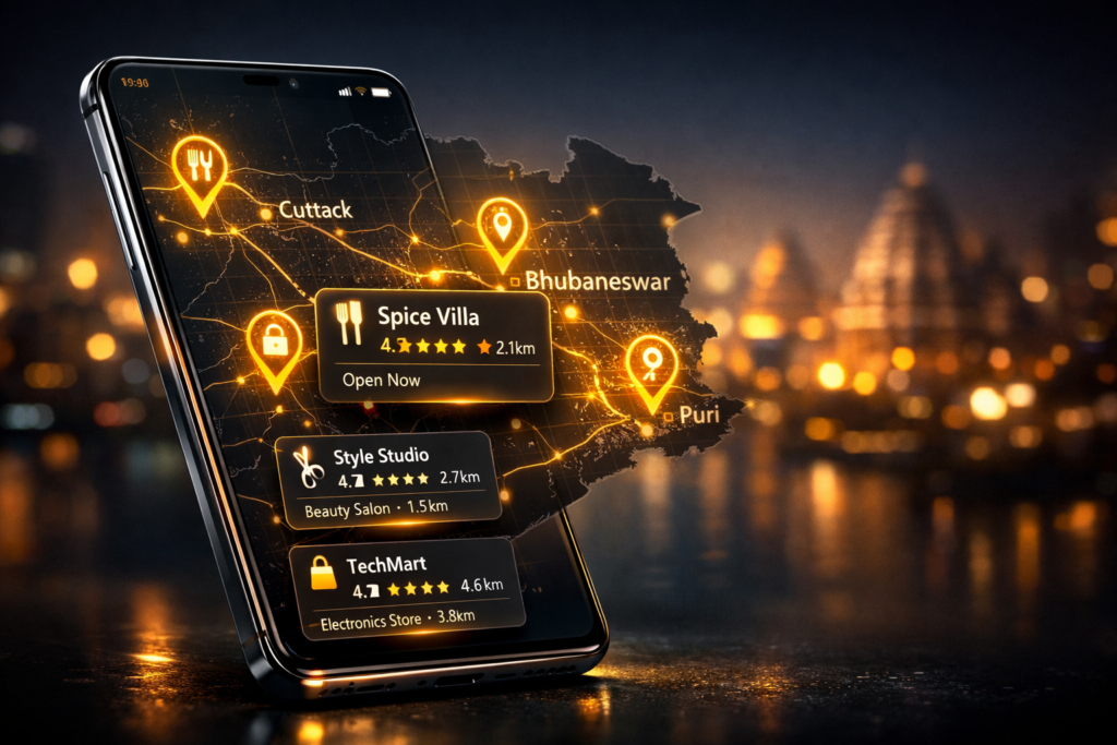 Free business listing app in Odisha showing local shops on a digital map
